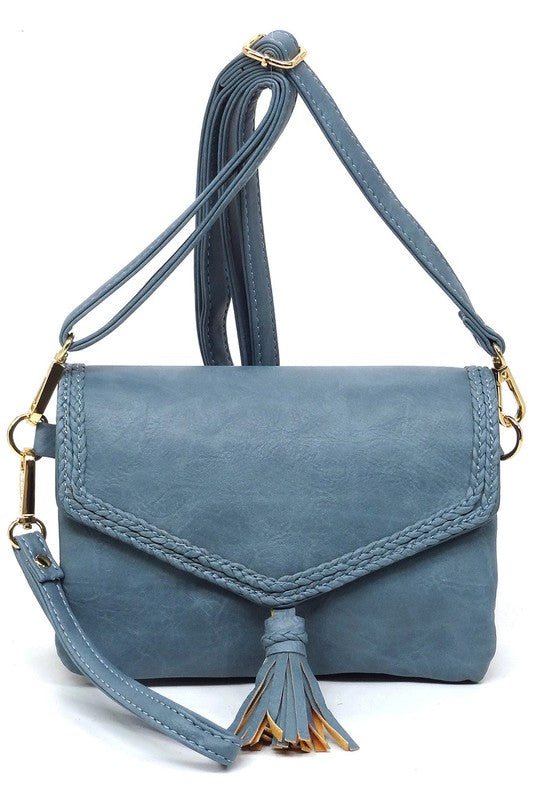 Blue tassel flap envelope clutch crossbody bag