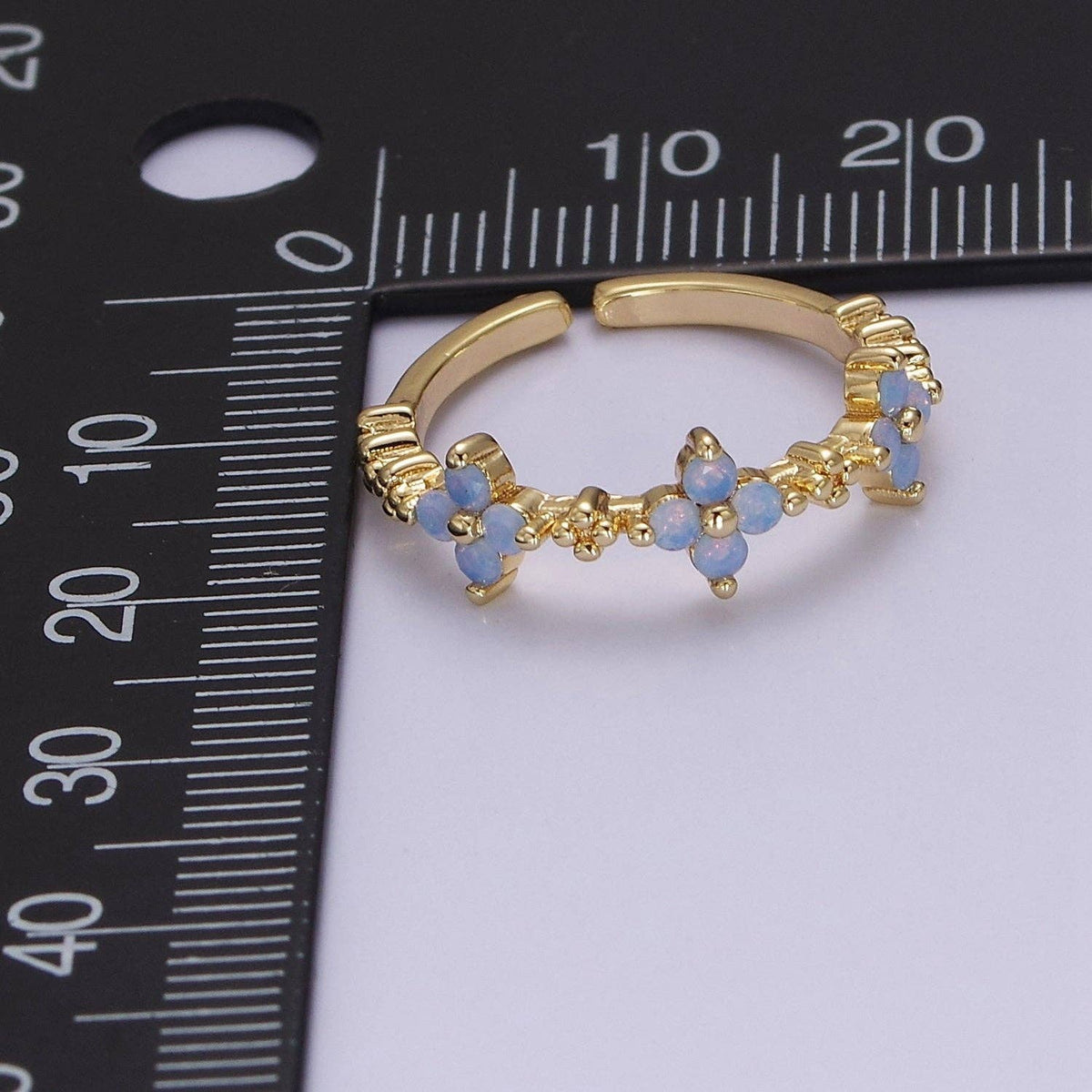 Dainty Blue Opal Flower Ring Open Adjustable Gold Filled Band Ring For Minimalist Jewelry O2079