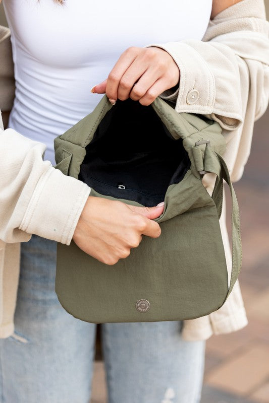 Olive fold over quilted crossbody bag