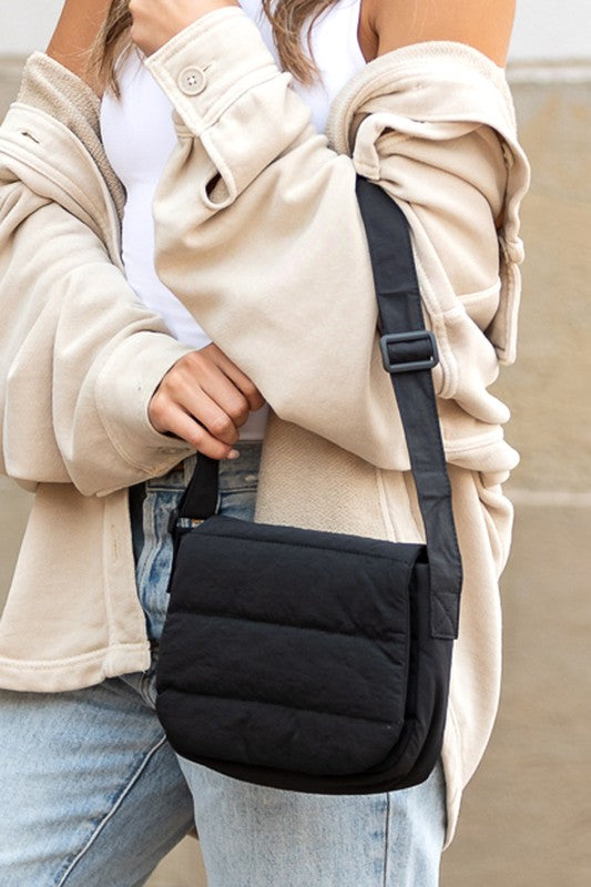 Black fold over quilted crossbody bag