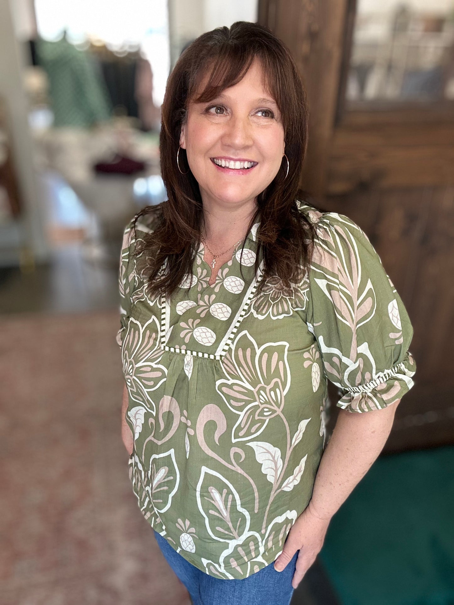 Sage Floral Print Puff Sleeve Top