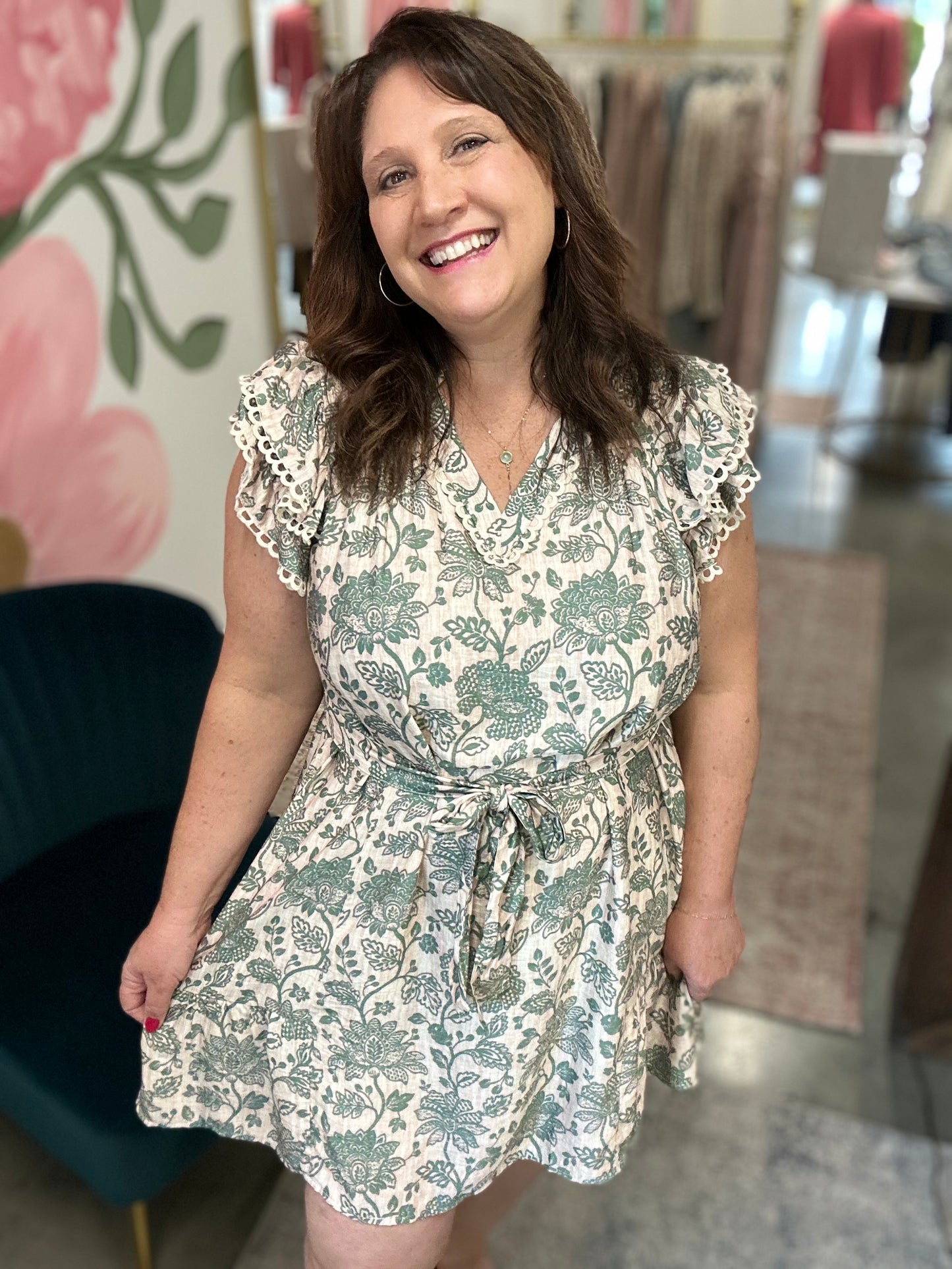 Green Floral Ruffle Sleeve Dress
