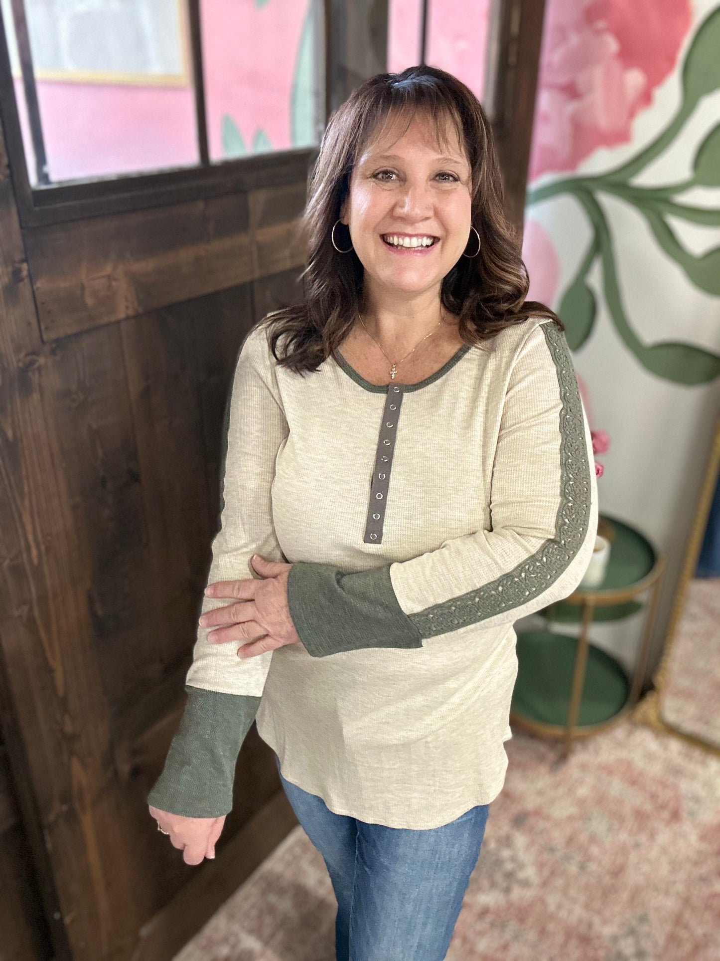 Olive Trim Thermal Top