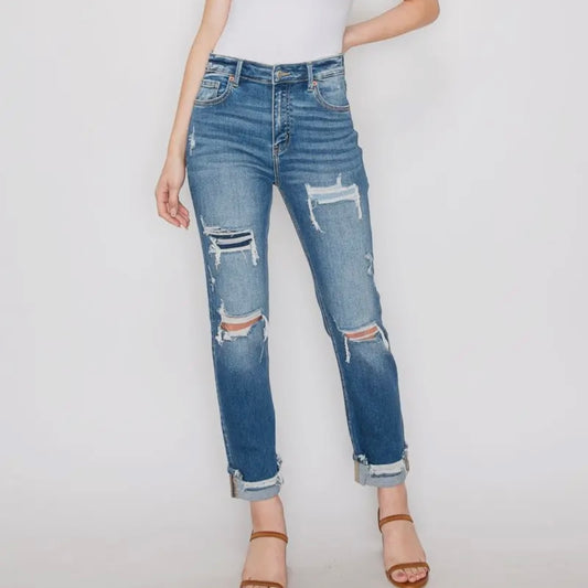 Mesh Tummy Control High Rise Straight Cuff Jeans | Medium Stone Wash