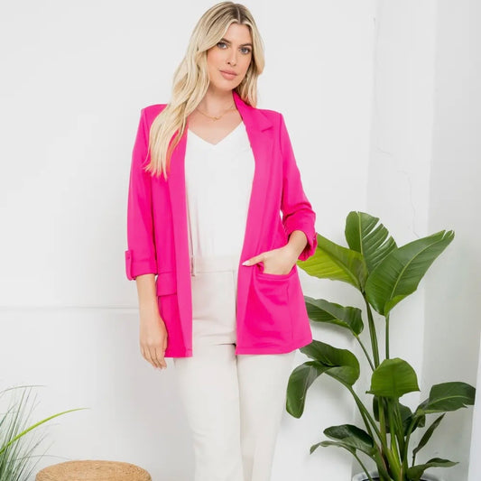 Fuchsia Ponte Roll Up Sleeve Blazer