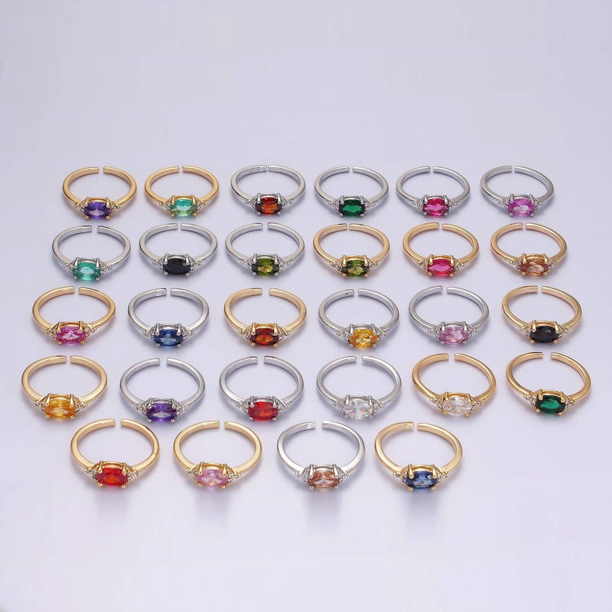 14K Gold Filled Oval Triple CZ Solitaire Birthstone Ring in Gold & Silver | O1128 - O1155: Silver / Olive Green