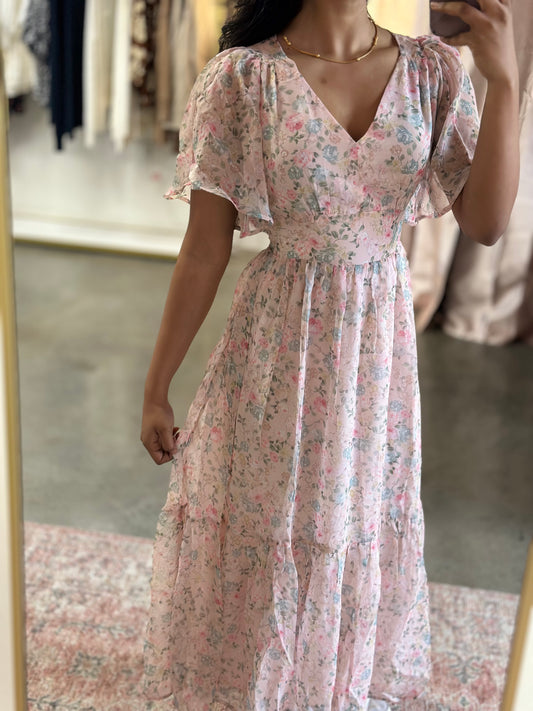 Pink Floral Flutter Sleeve Maxi Dress