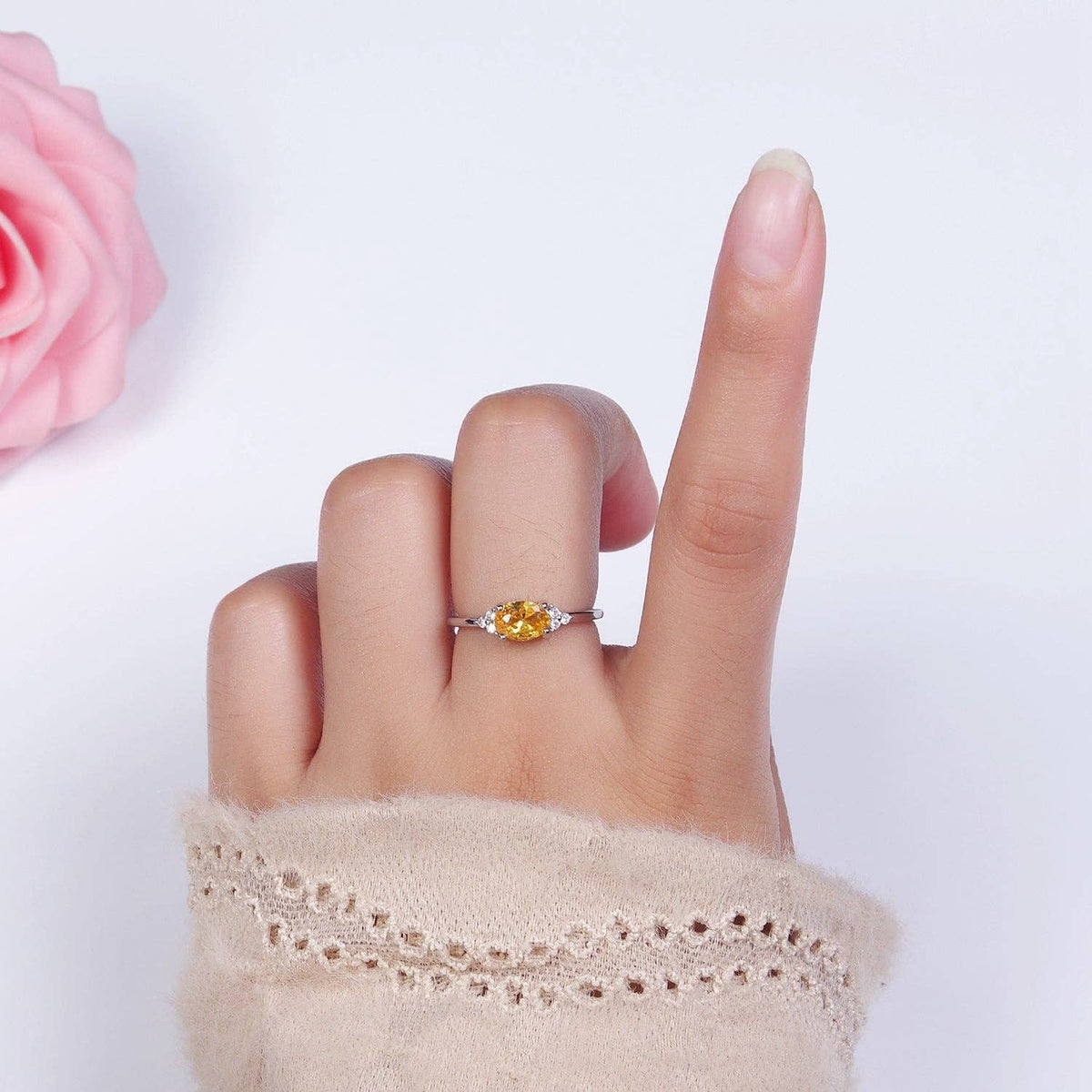 14K Gold Filled Oval Triple CZ Solitaire Birthstone Ring in Gold & Silver | O1128 - O1155: Silver / Olive Green