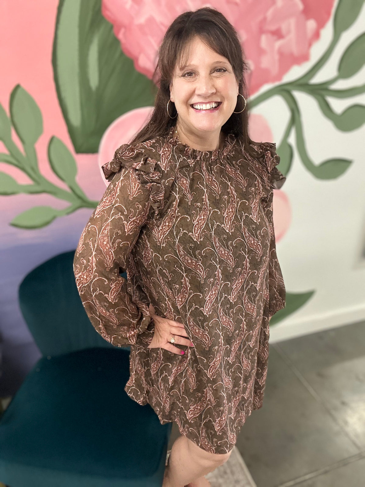 Brown Abstract Print Mini Dress w/ Ruffle Details