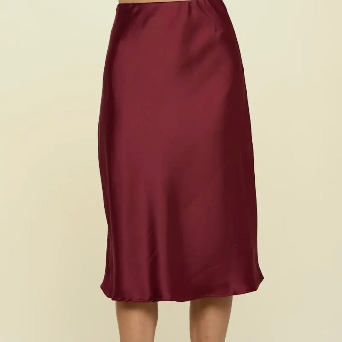 Wine Satin Midi Skirt