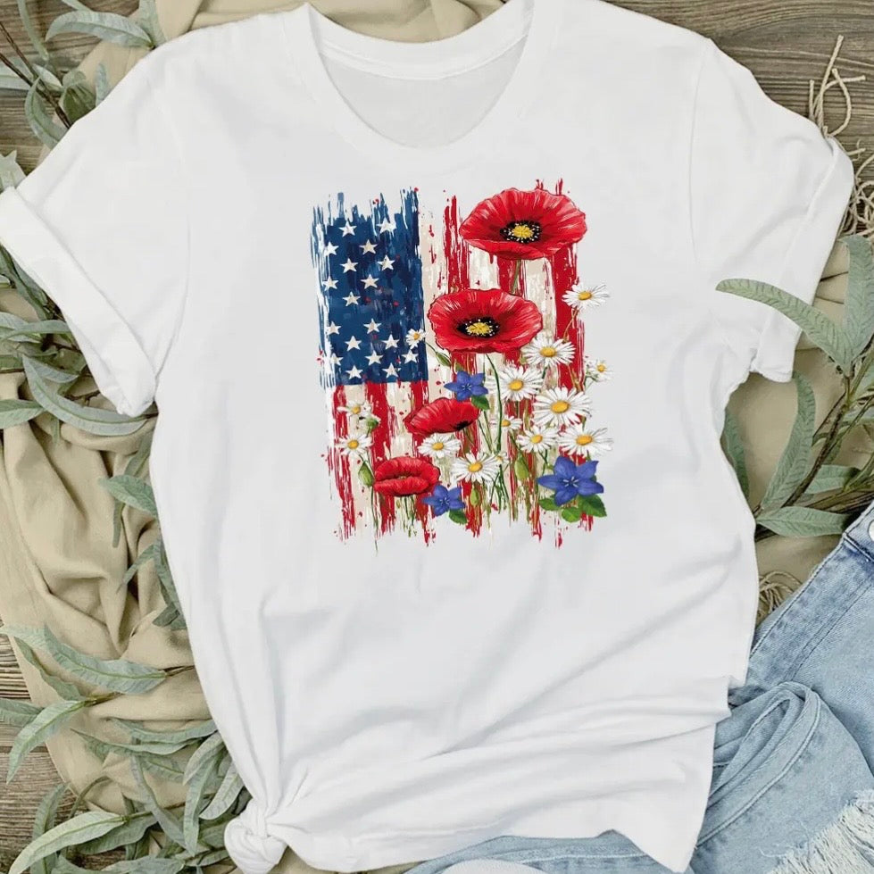 American Flag Flowers Patriotic T-Shirt