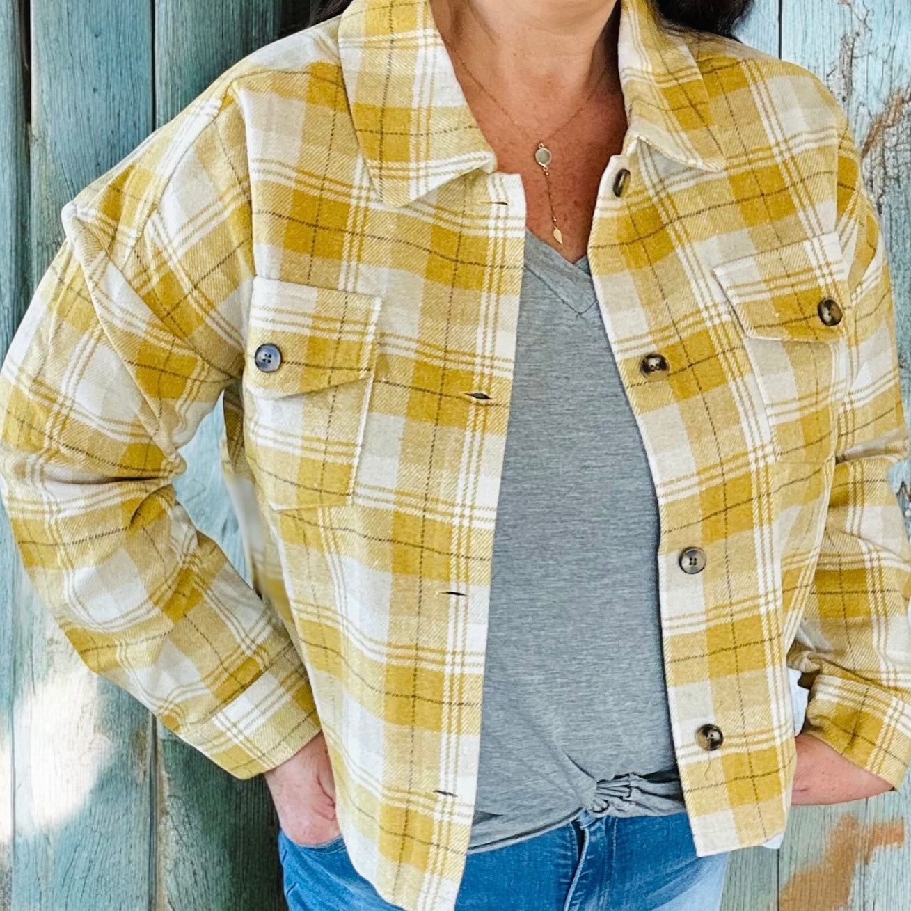 Plaid short shacket with pockets