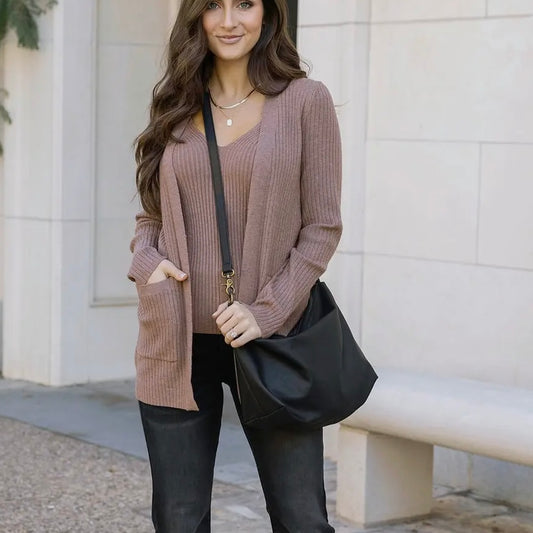Latte Ribbed Knit Cardigan