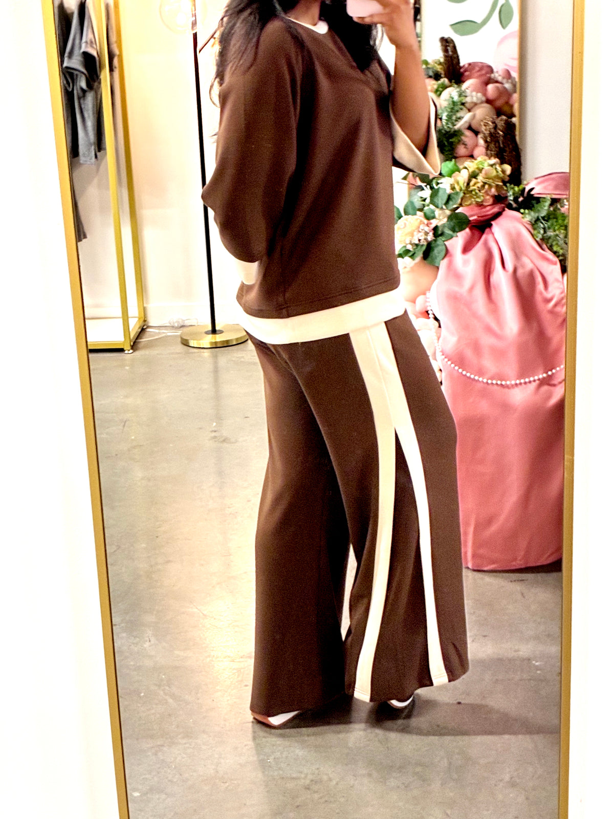 Coco Brown Luxeknit Colorblock Side Stripe Straight Pants