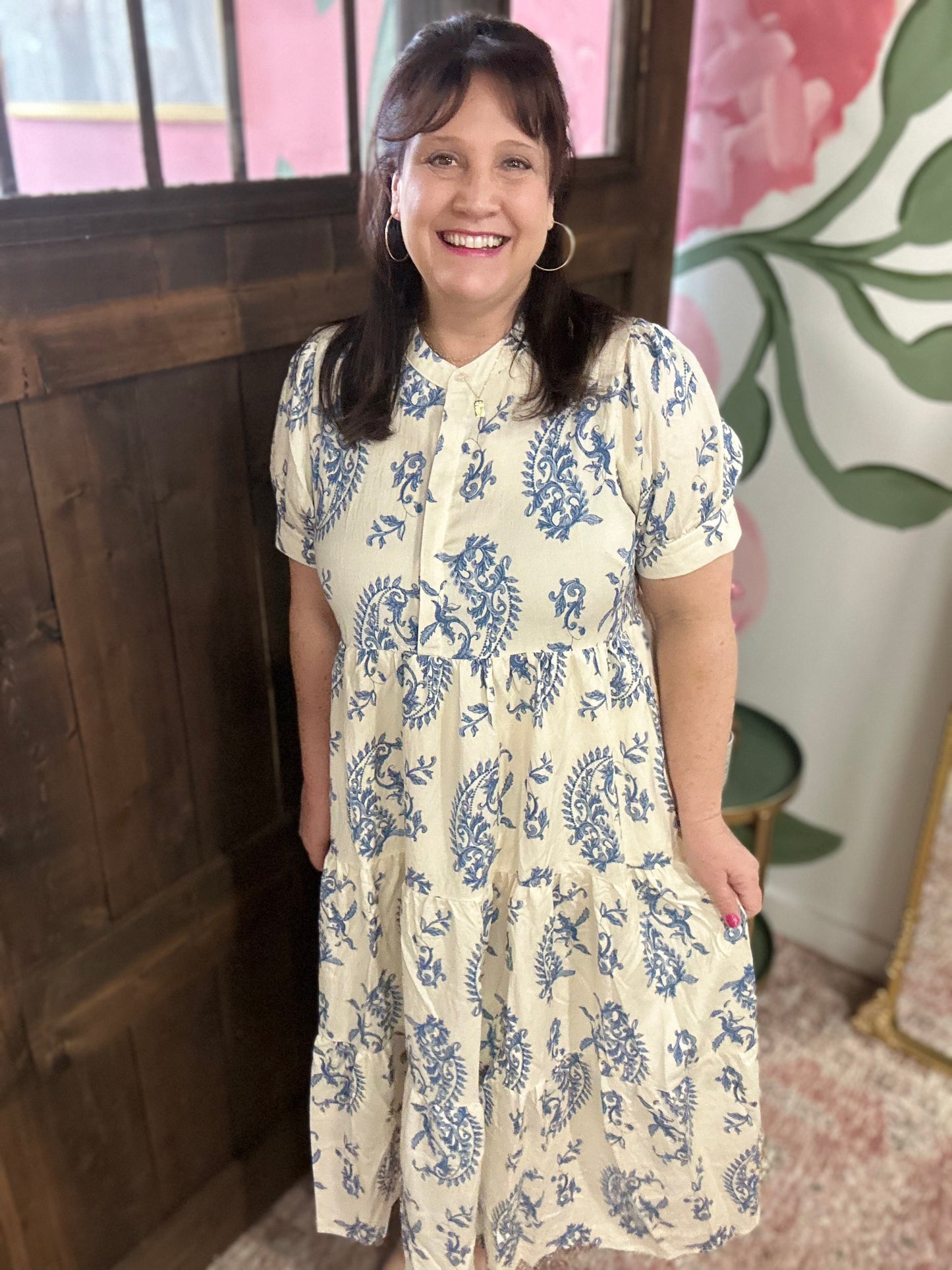 Blue Mix Tiered Textured Midi Dress