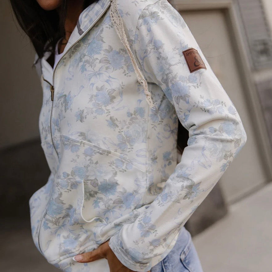 Ampersand Avenue FullZip Sweatshirt Blue Ribbon Blooms