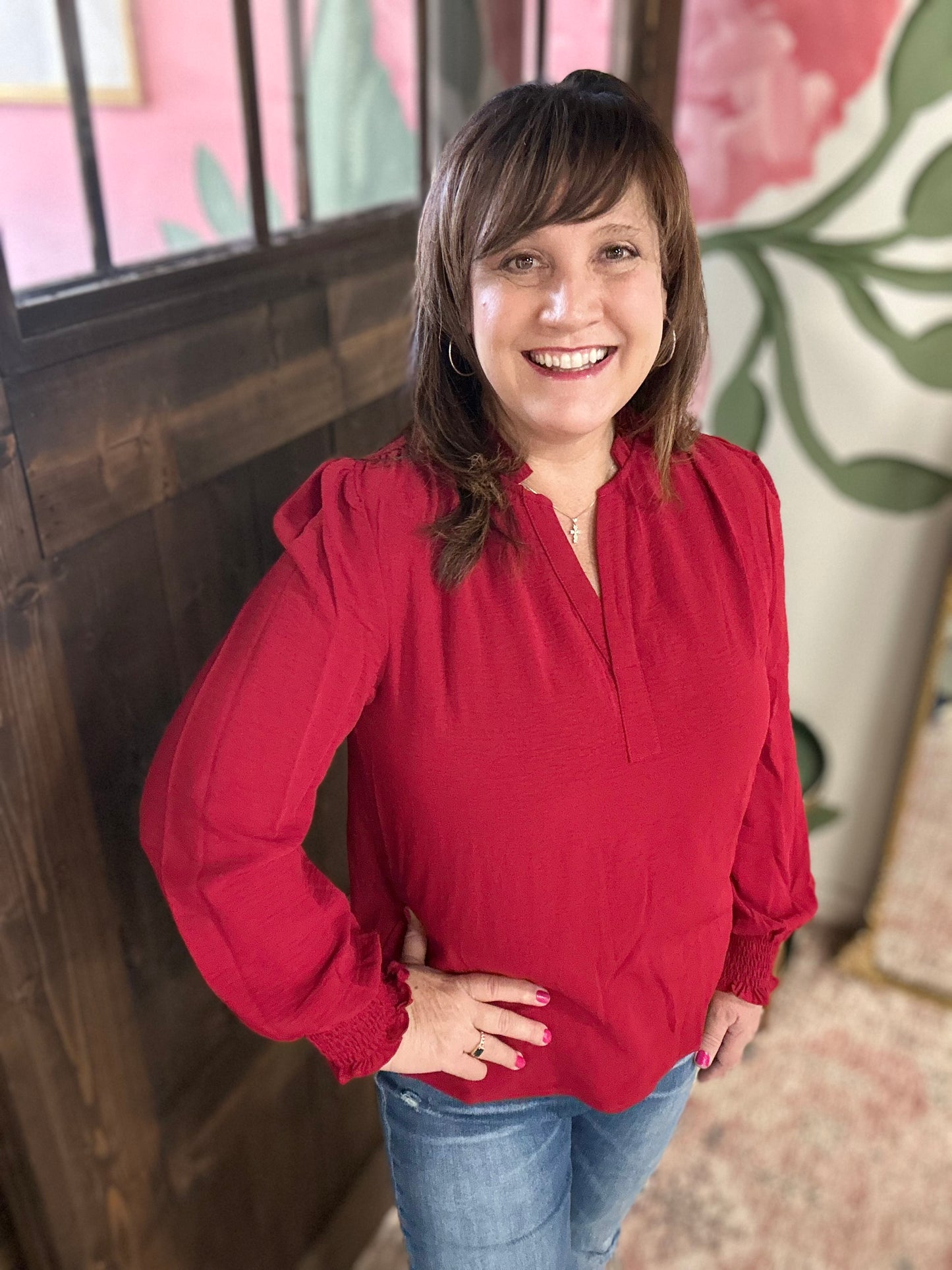 Red Notched Neck Shirred Cuff Blouse