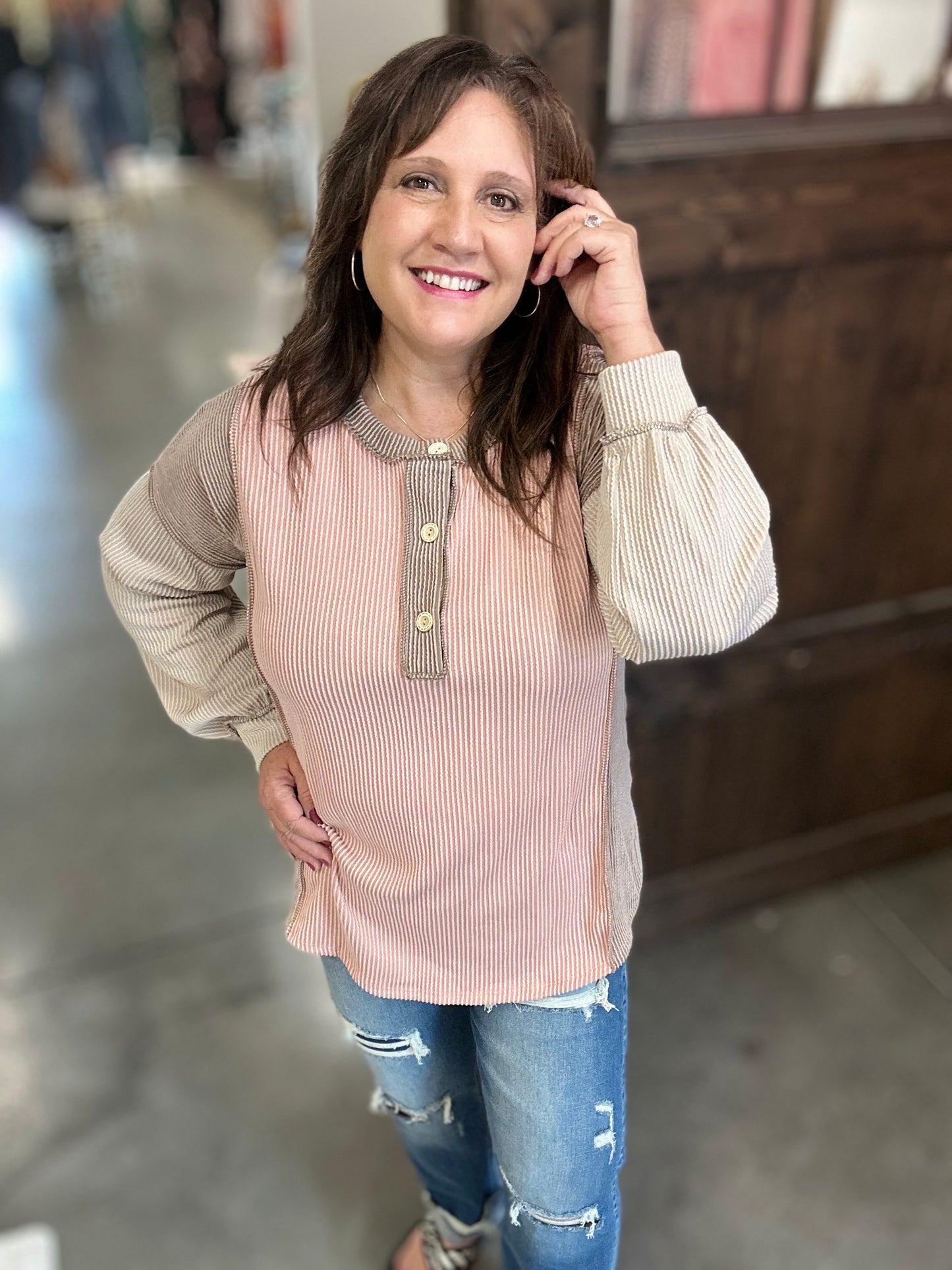 Rose Multi Amalias Rib Long Sleeve Top