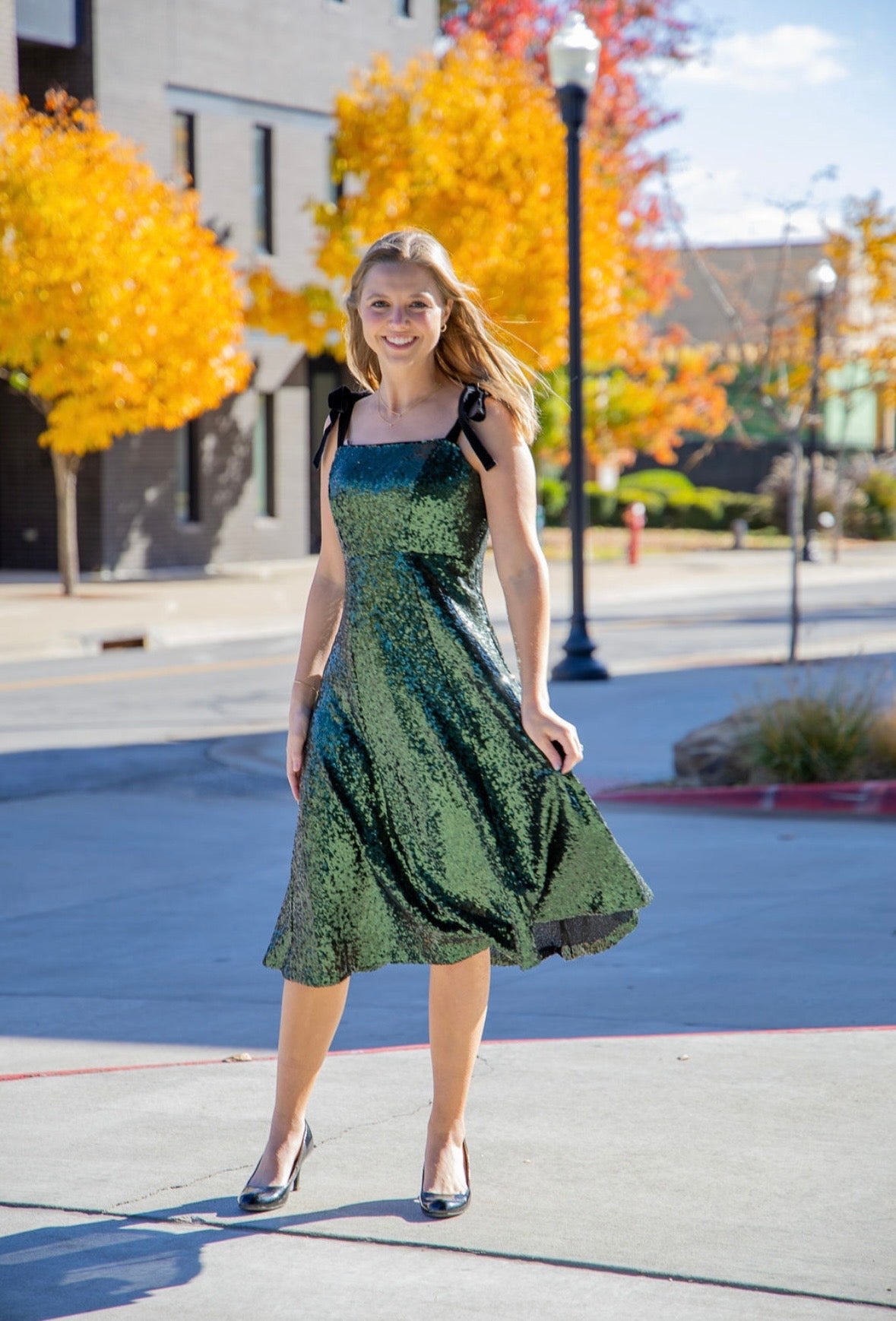 Fit And Flare Sequin Dress - Emerald