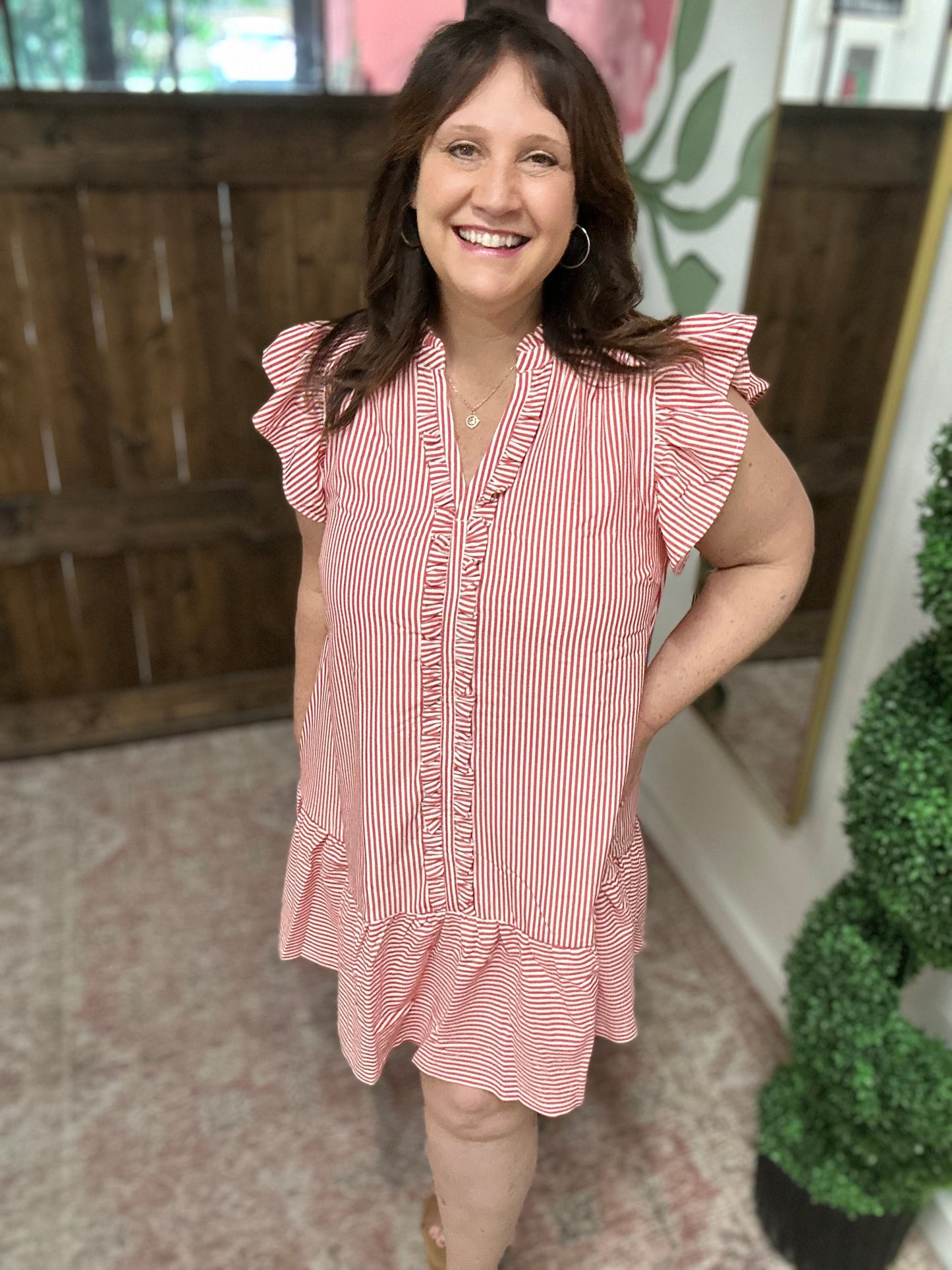 Red Ruffle Trim Stripe Flutter Sleeve Mini Dress