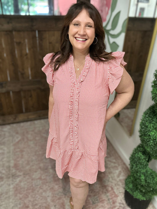 Red Ruffle Trim Stripe Flutter Sleeve Mini Dress