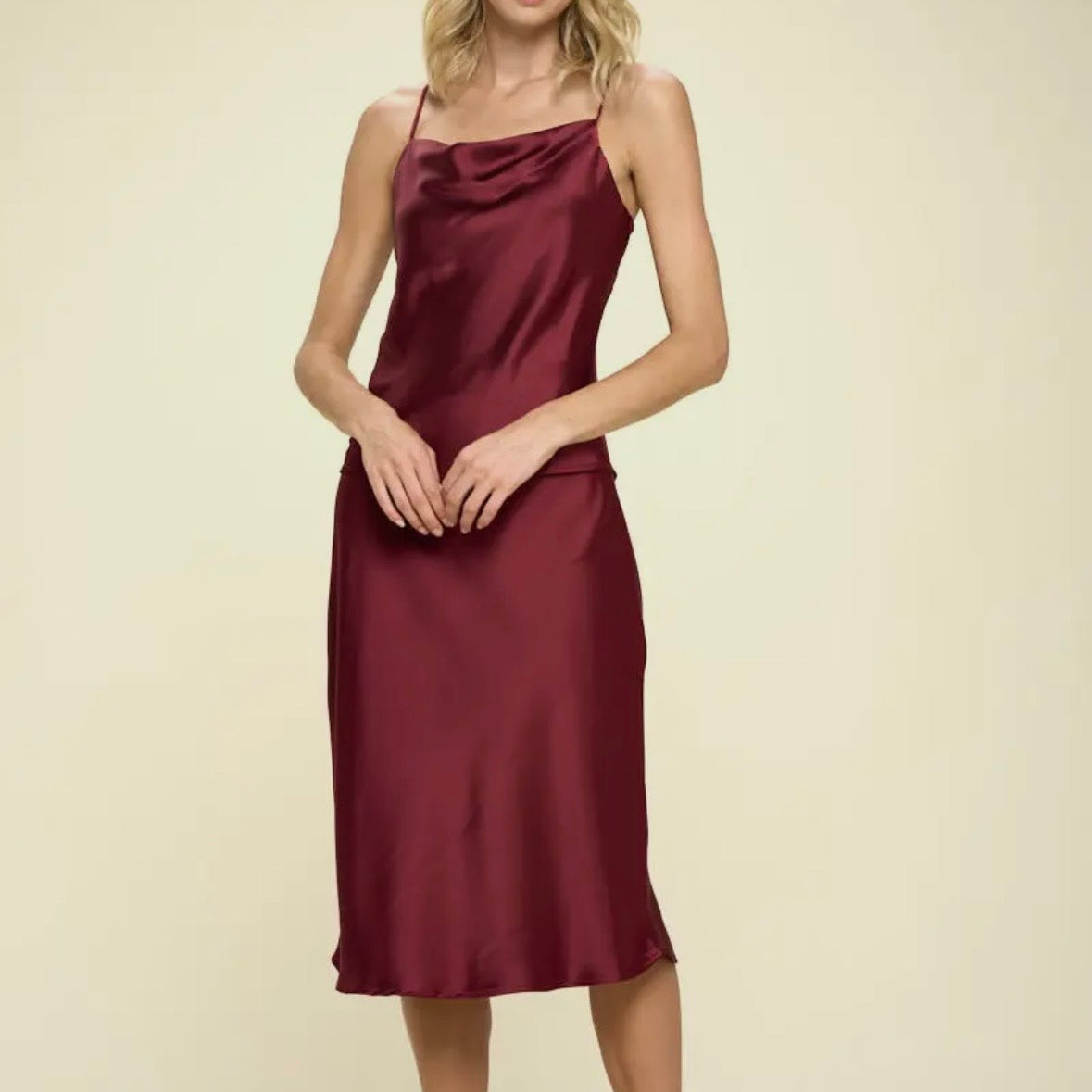 Wine Satin Midi Skirt