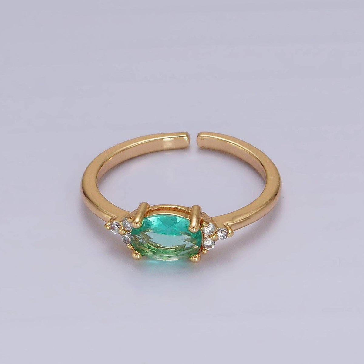 14K Gold Filled Oval Triple CZ Solitaire Birthstone Ring in Gold & Silver | O1128 - O1155: Silver / Olive Green