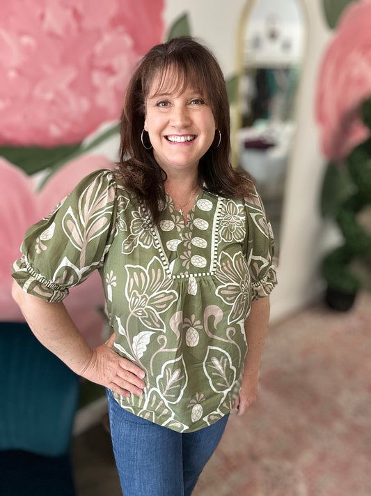 Sage Floral Print Puff Sleeve Top