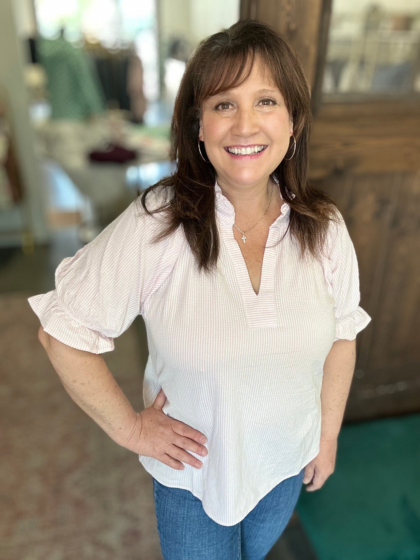 Pink Ruffle SleeveV-Neck Top