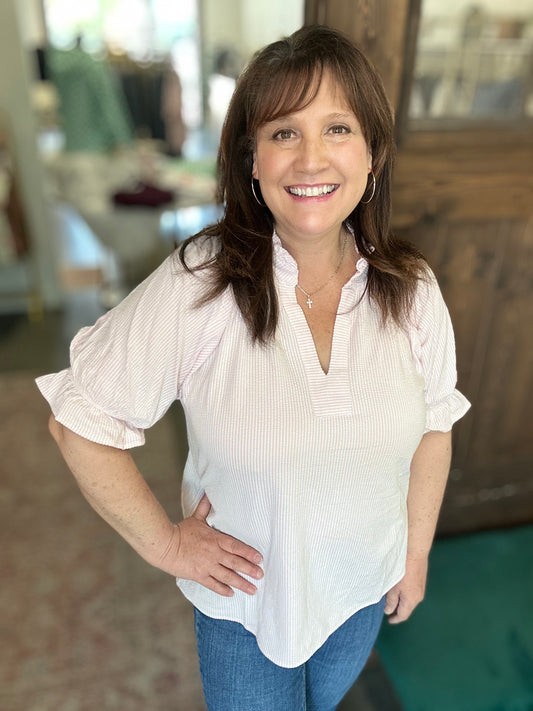 Pink Ruffle SleeveV-Neck Top