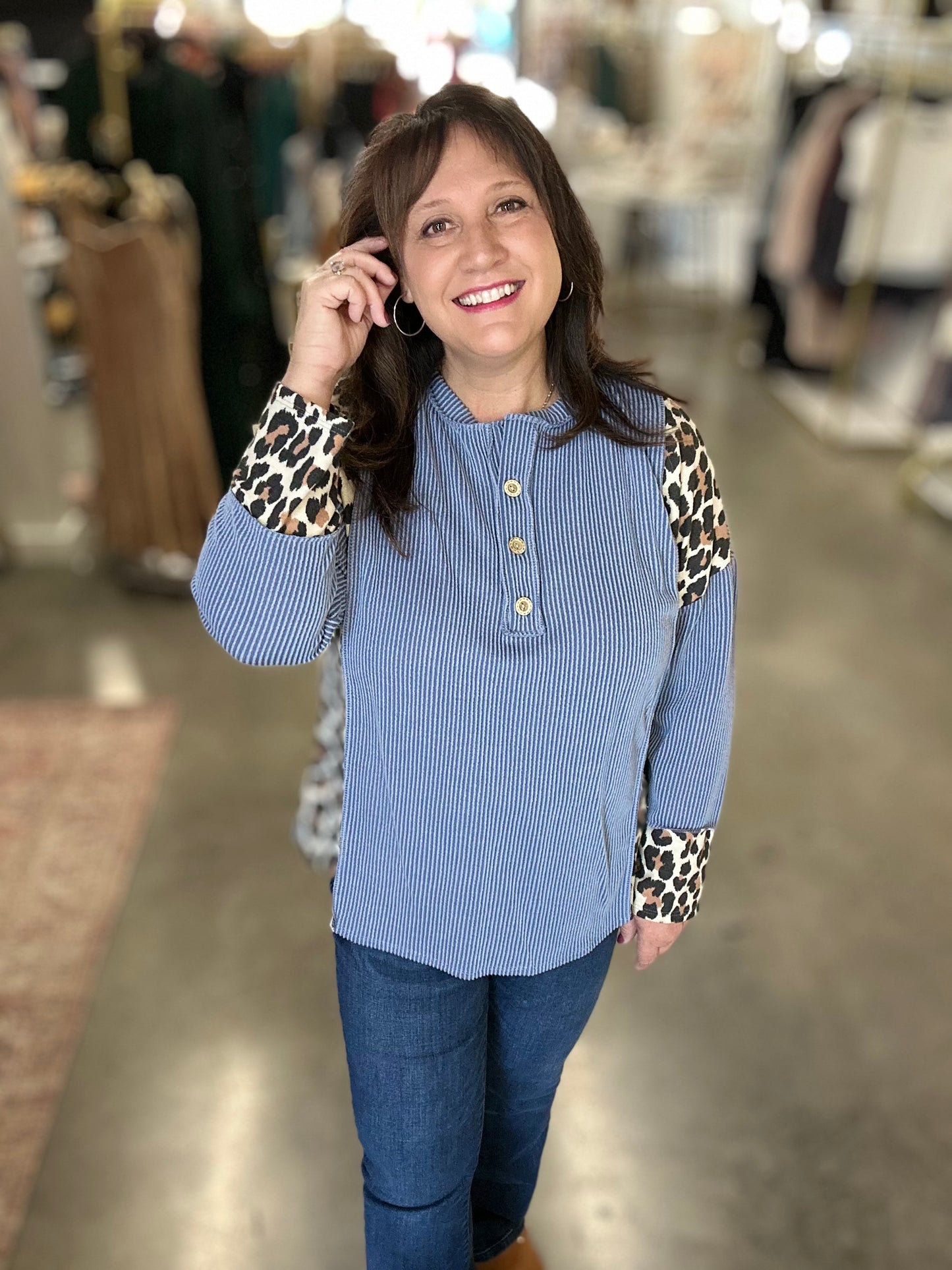 Blue Leopard Color Block Top