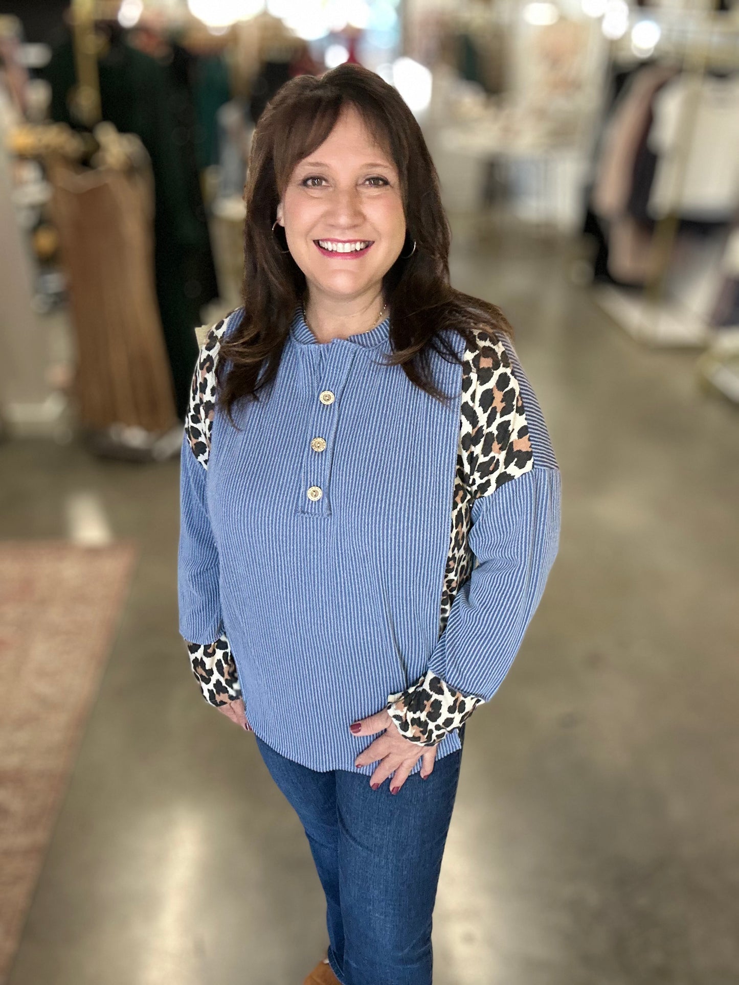 Blue Leopard Color Block Top