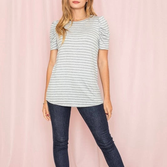 Stripe Puff Ruched Sleeve Top