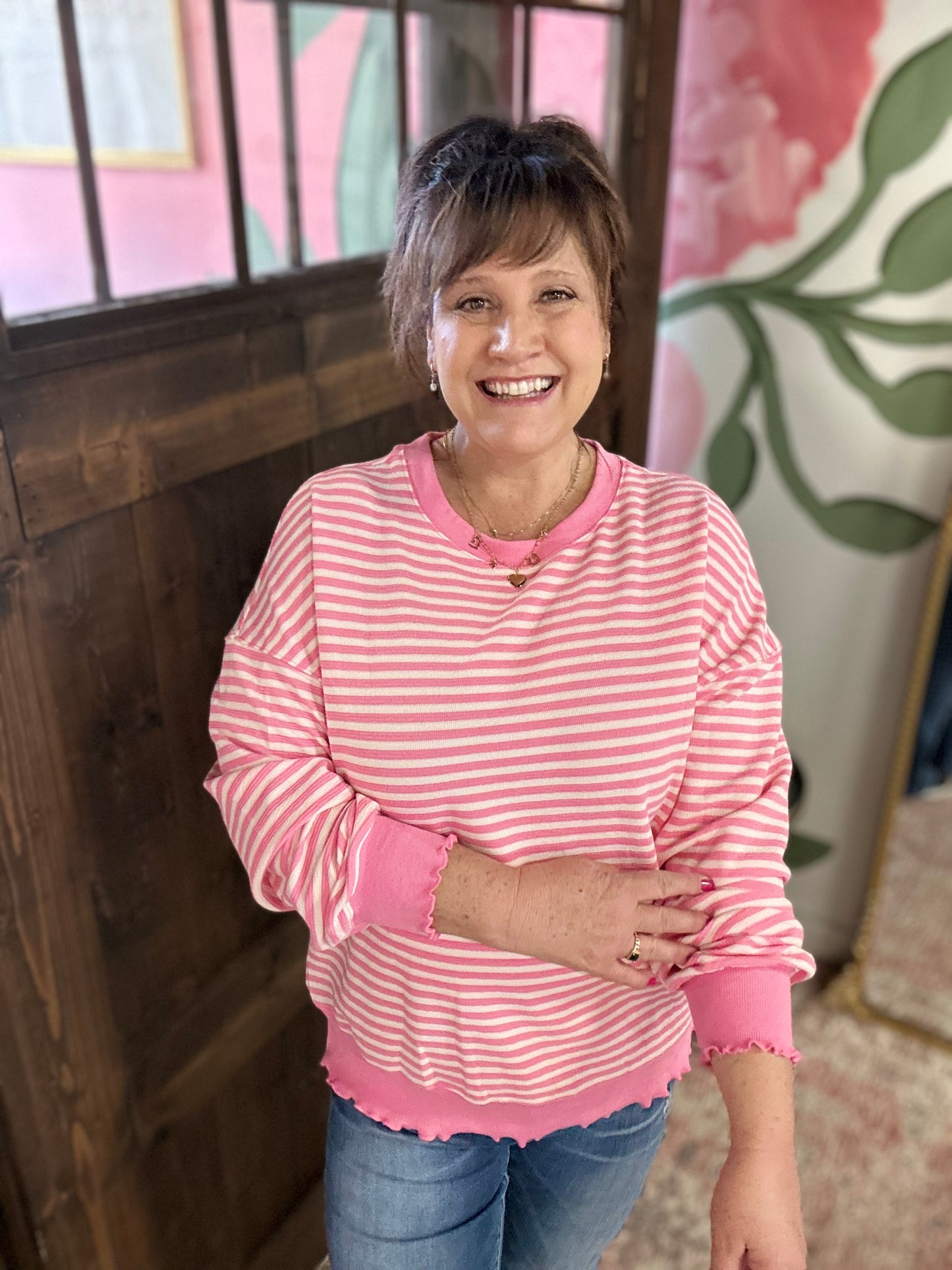Pink Stripe Drop Shoulder Top