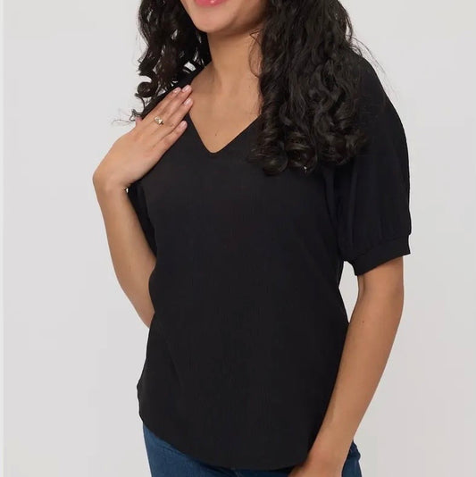 Black V-Neck Smocking Detail Top