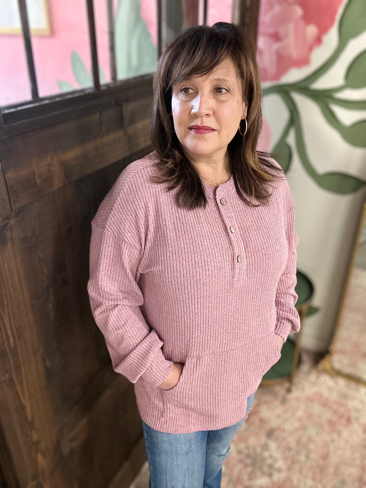 Pink Ribbed Knit Drop Shoulder Henly Top