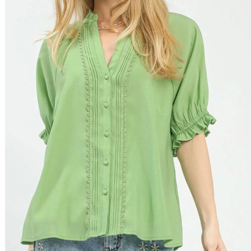 Sage Green Lace Trim Puff Sleeve Blouse