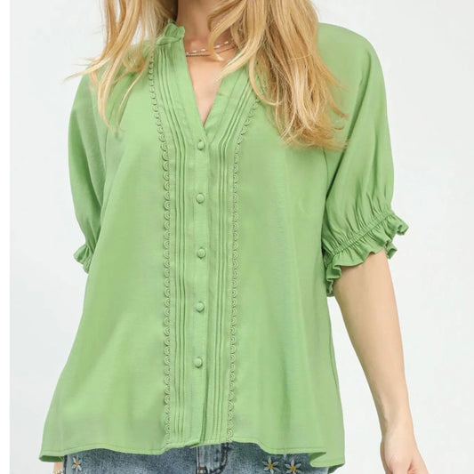 Sage Green Lace Trim Puff Sleeve Blouse