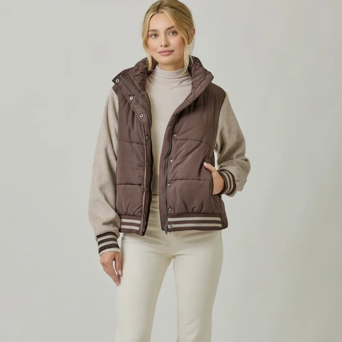 Brown Mixed Media Puffer Jacket