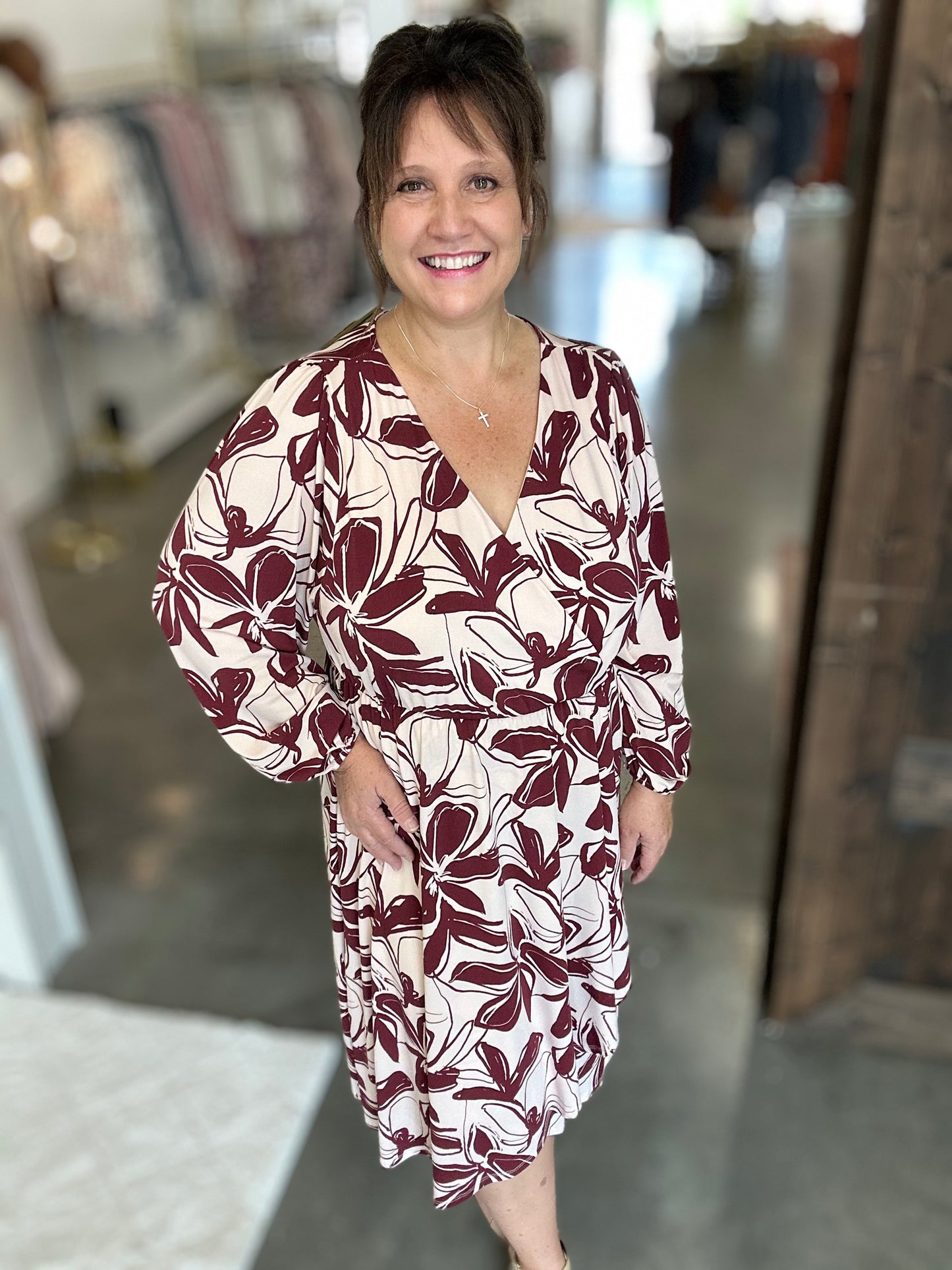 Burgundy Floral Long Sleeve Midi Dress