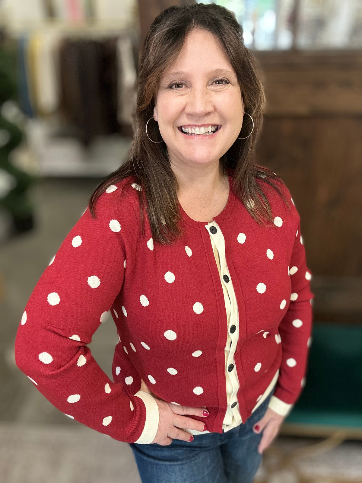 Crimson Polka-Dot Button Down Knit Cardigan
