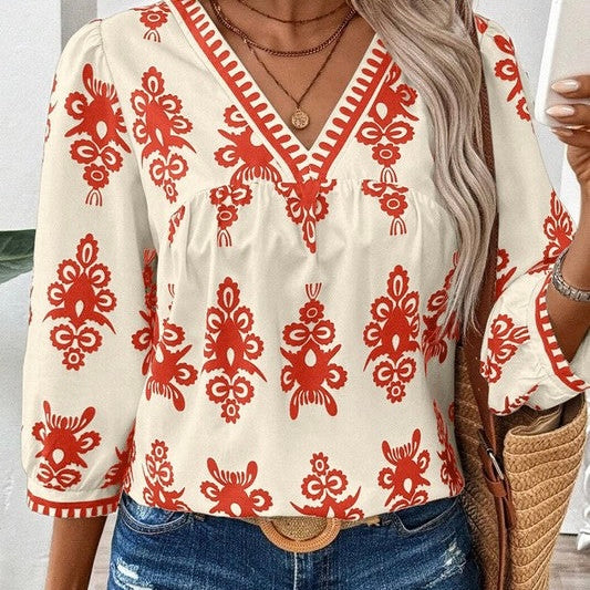 Ethnic Abstract Print Puff Sleeve V Neck Blouse