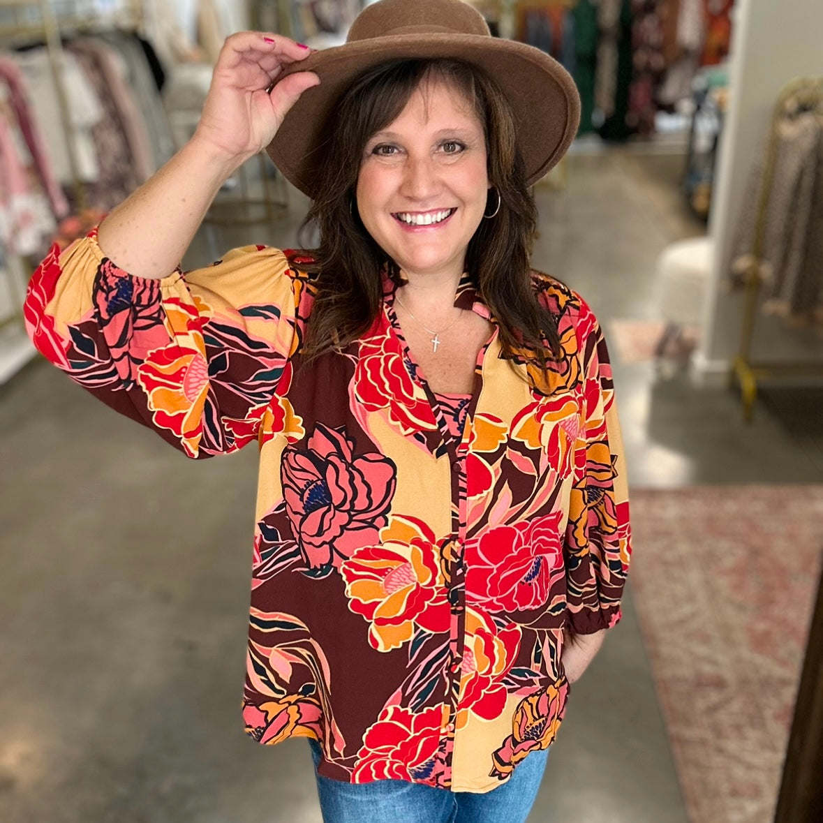 Plus Pink Brown Floral Blouse