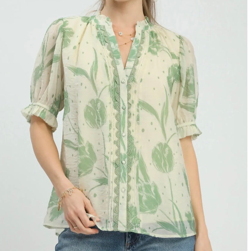 Cream Sage Floral Print Boho Blouse