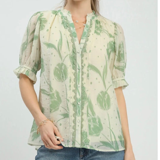Cream Sage Floral Print Boho Blouse