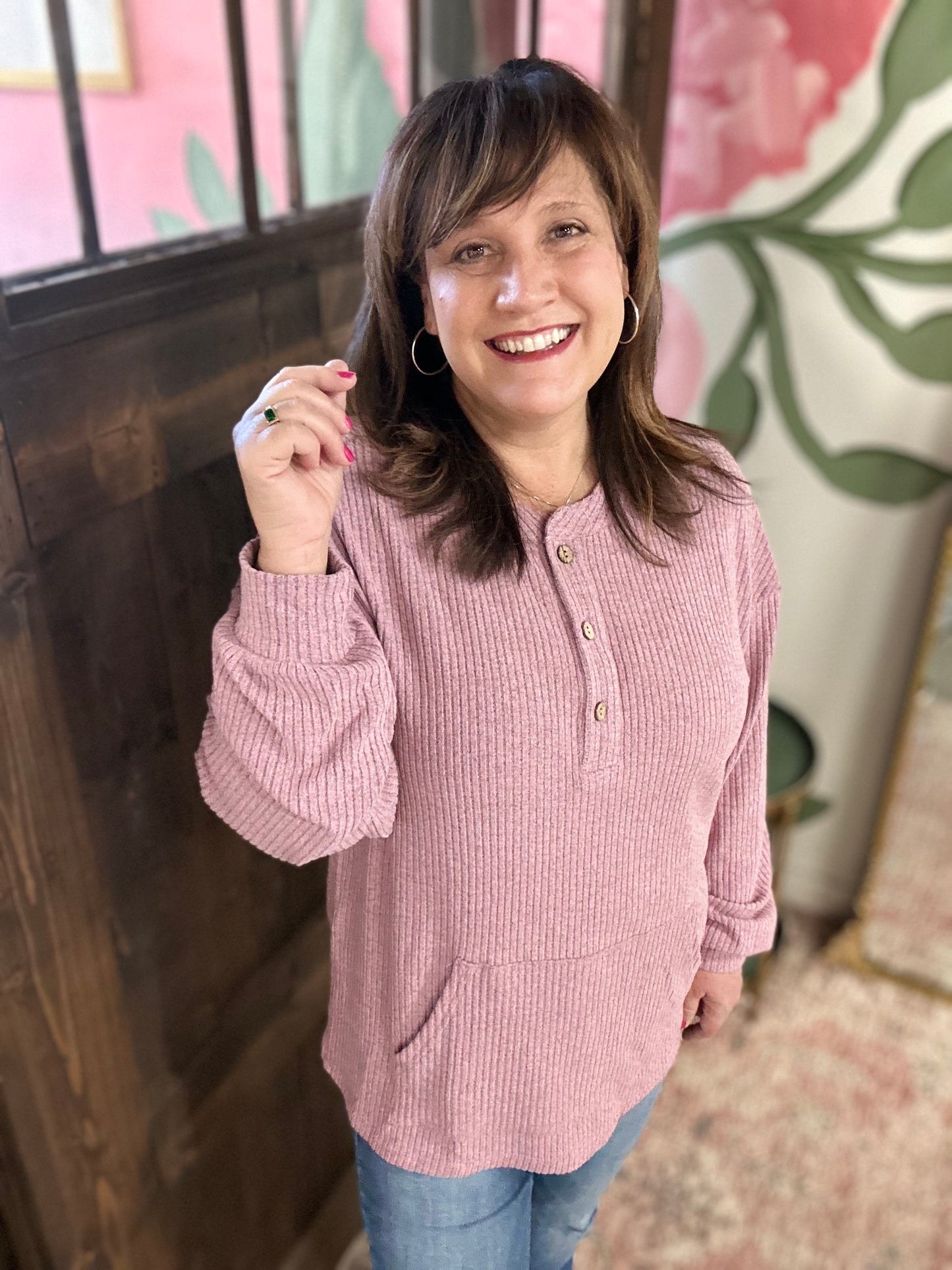 Pink Ribbed Knit Drop Shoulder Henly Top