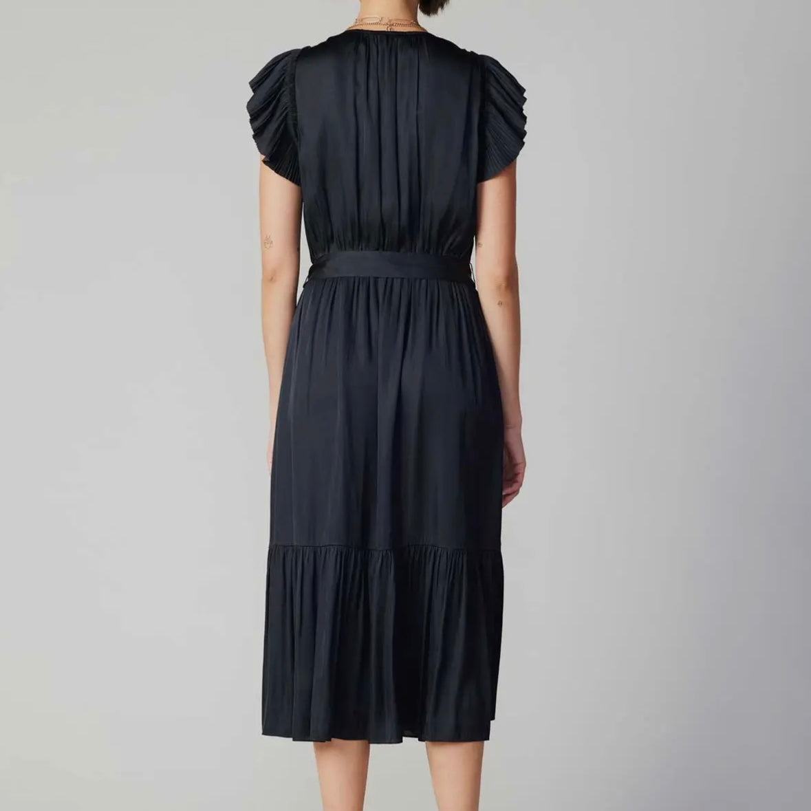 Black Fluttered Sleeve V-Neck Midi Dress