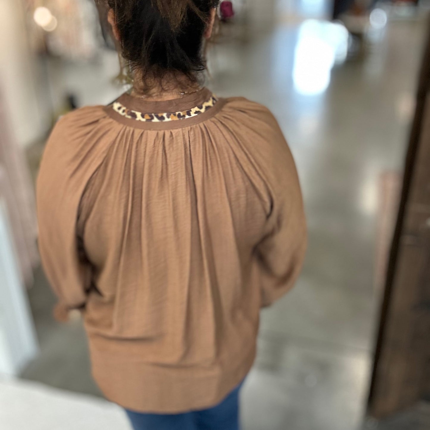 Brown Leopard Trim V-Neck Blouse