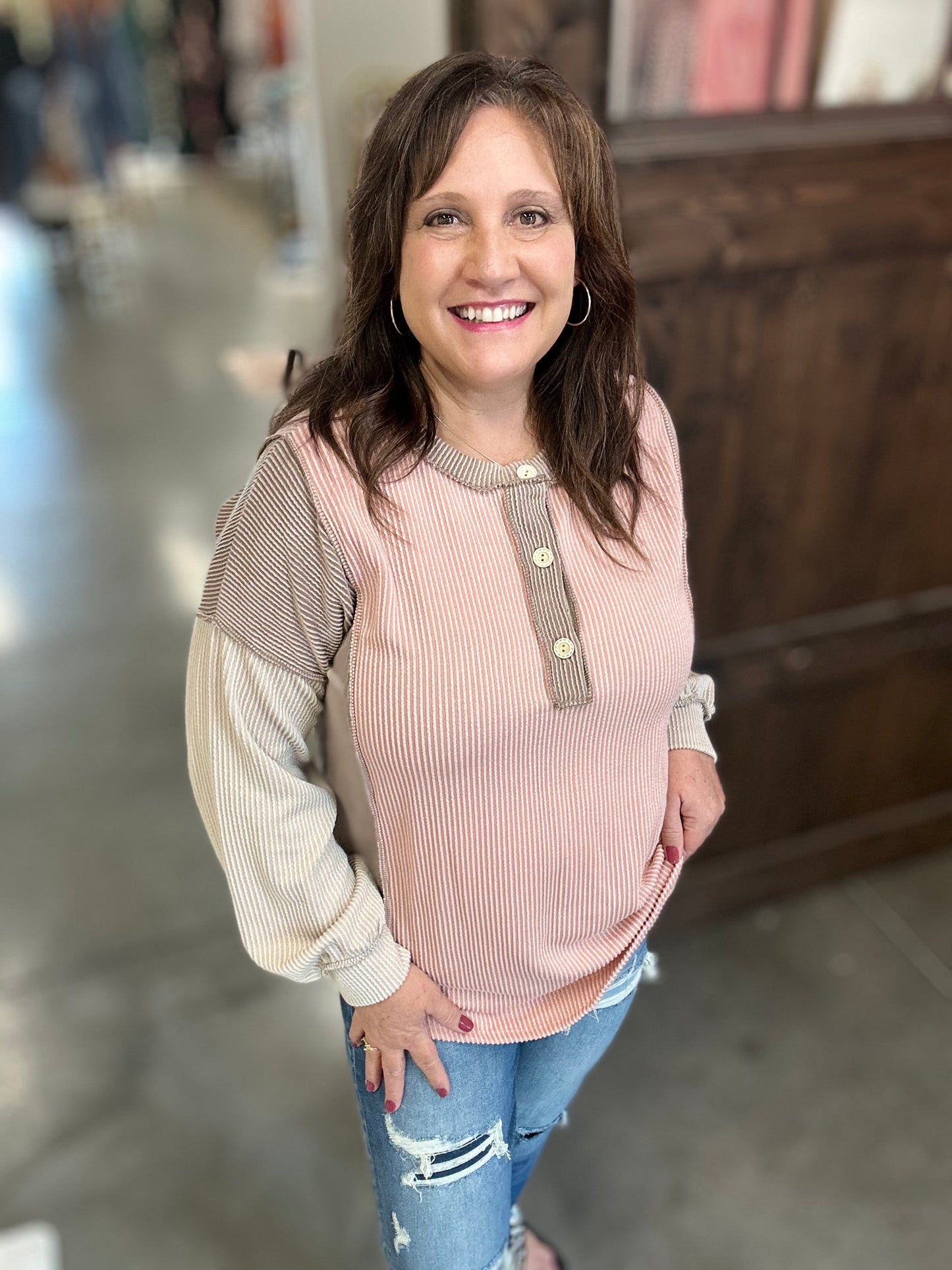 Rose Multi Amalias Rib Long Sleeve Top