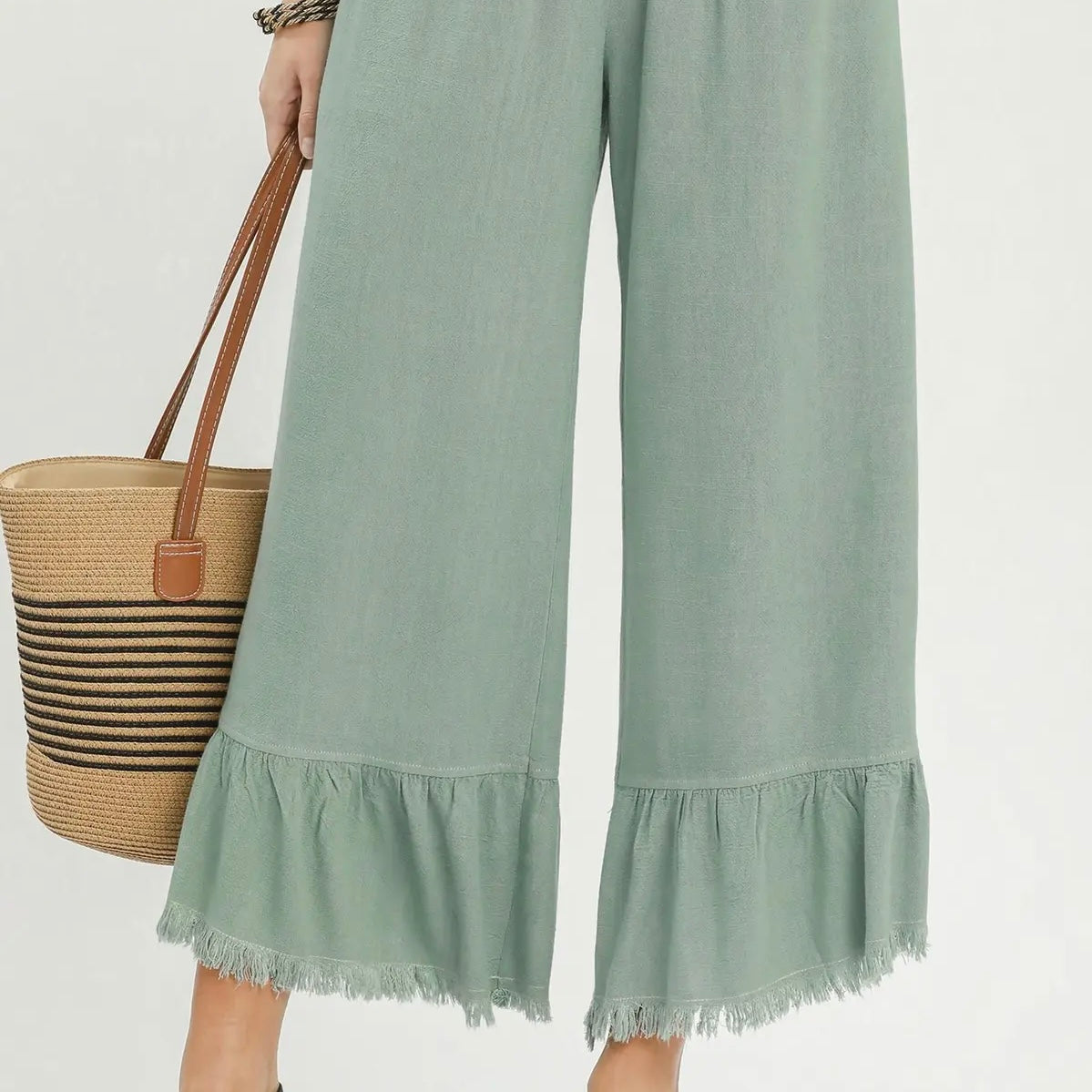 Sage Mint Linen Frayed Hem Ruffle Wide Leg Pants